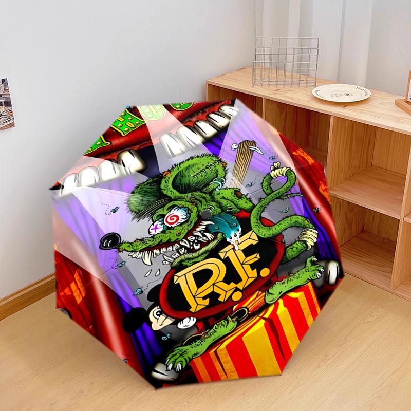 1 шт. Автоматический складной зонт - Рисунок Rat Fink, Портативный и складной дизайн с 8 спицами, Рождественские и новогодние подарки