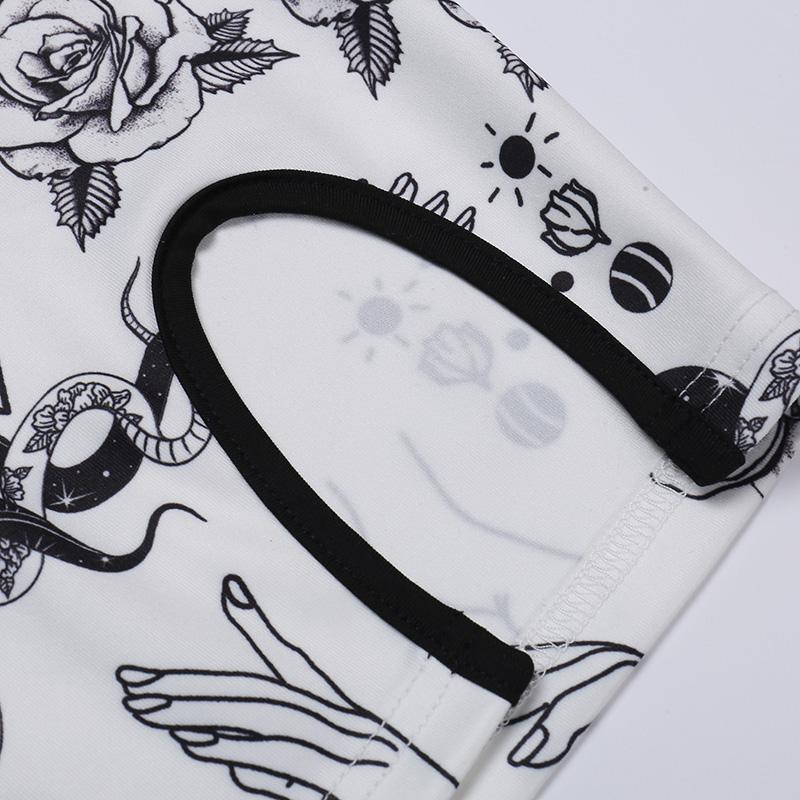 Gothic Floral Print Dress White Short Sleeve High Waist Bodycon Mini Dresses