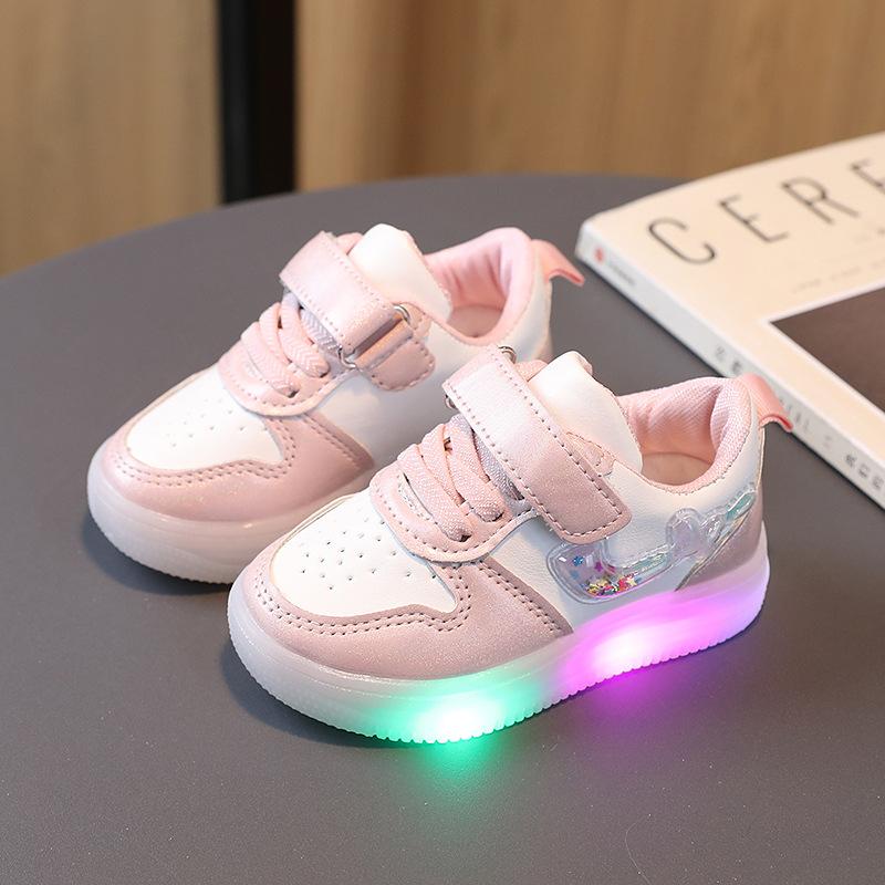 TS JYL JK194 Girls Leather Light Up Sneakers Breathable Upper Soft Sole For Small Age Toddlers