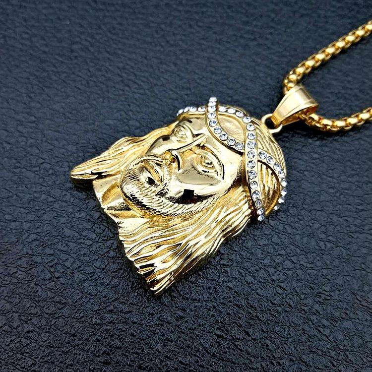HIP Hop Gold Color JESUS Piece Head Face Pendants Necklaces with Zircon Stainless Steel Chain Collier for Men Christian Jewelry