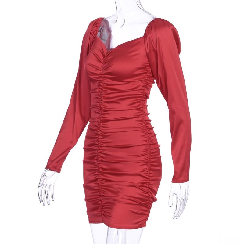 Атласное плиссированное сексуальное мини-платье с длинным рукавом и разрезом на шее, осень-зима, женское однотонное вечернее элегантное уличное платье