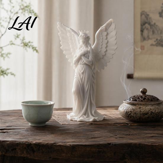 3D Printed Angel Statue Crown Figurine Vintage Guardian Angle Statue Shape Ornament Artistic Winged Women Sculpture for Home Tabletop Decoration