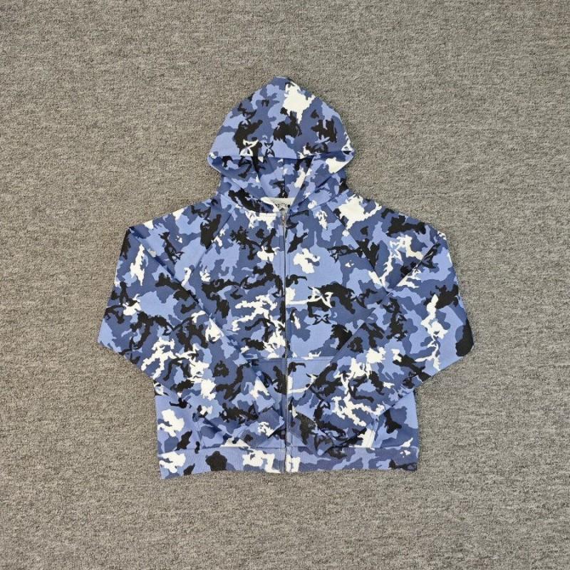 Mens Blue Camo Cotton Hoodie Zip Up Casual Sweatshirt Couples Youth Streetwear
