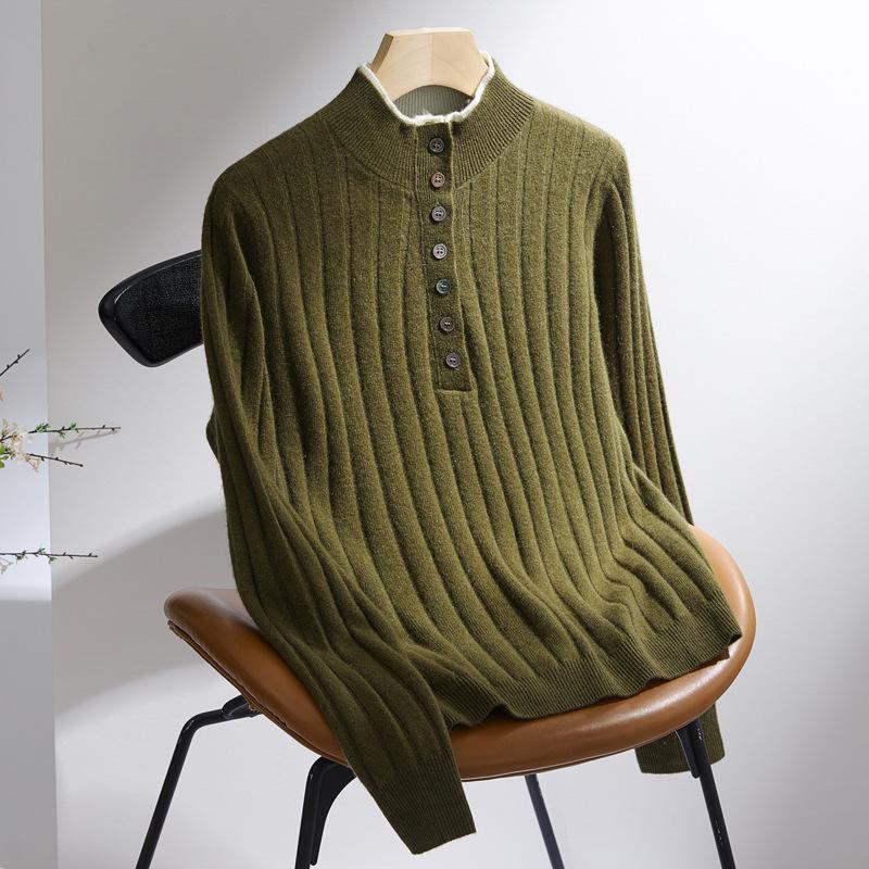 2025 A/W Women's Cashmere Turtleneck Sweater - Buttoned Striped Knit Outerwear