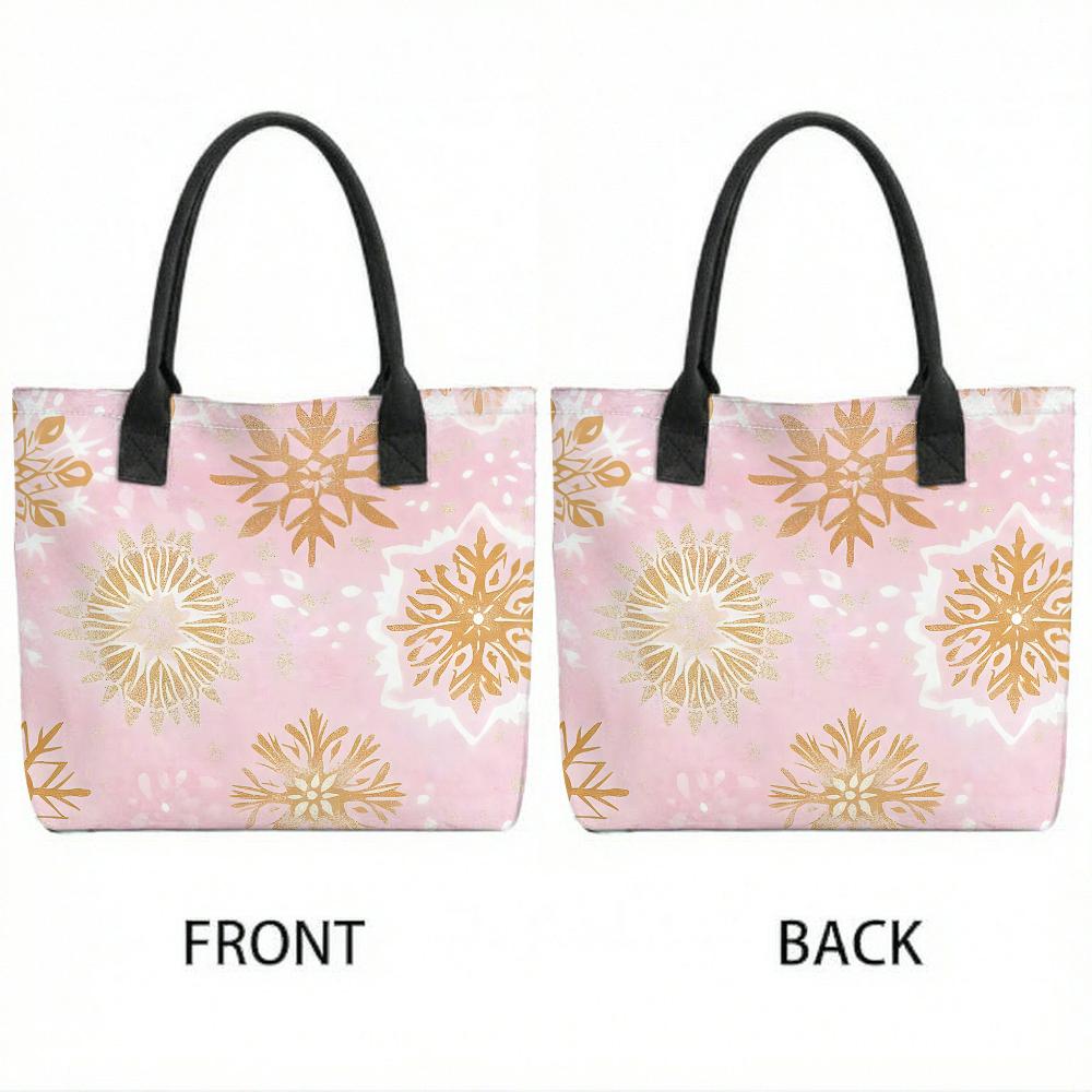 Tote Bag Pink Golden Snowflakes Winter Print Canvas Holiday Shopping Gift for Women