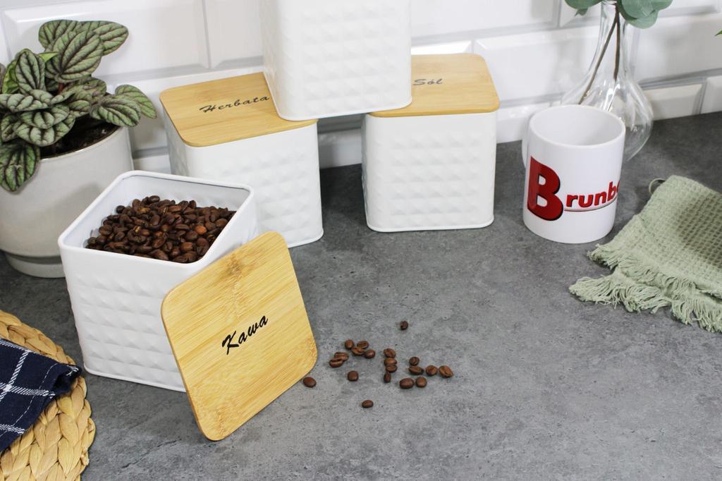 Zestaw 4 pojemników kawa herbata cukier sól BRUNBESTE BB-4262 (napisy PL)