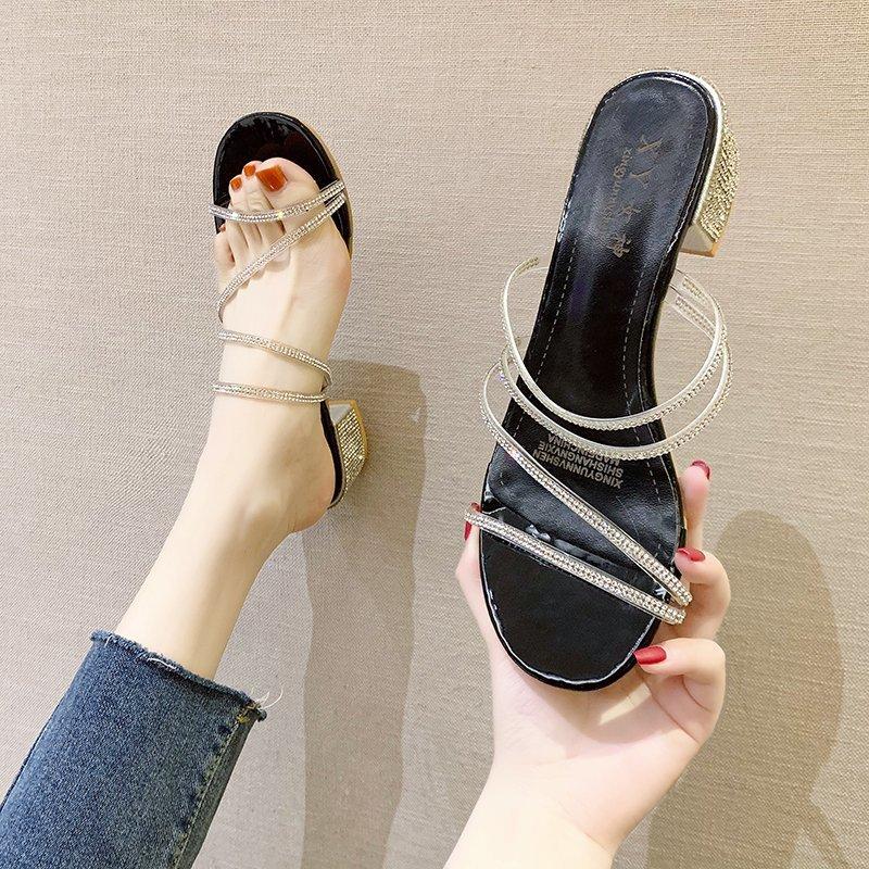 Туфли на высоком каблуке женские летние 2025 новые с круглым носком, стразами, с открытым носком, тонким ремешком, на толстом каблуке, модные универсальные женские наружные тапочки