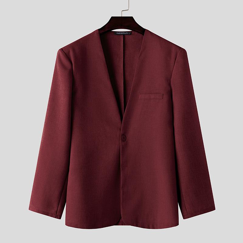 INCERUN Мужские тонкие пиджаки без воротника с длинным рукавом на одной пуговице