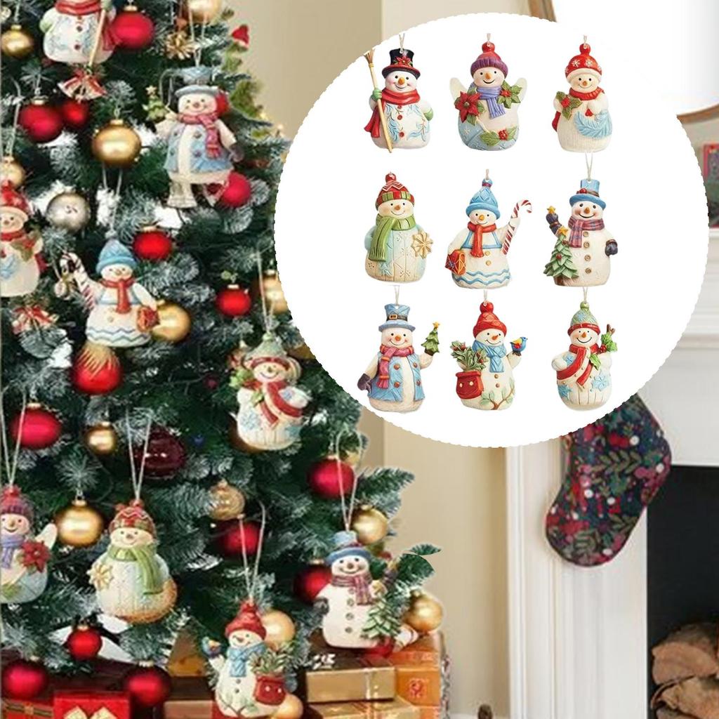 9Pcs Christmas Pendents Set Cartoon Wooden Snowman Ornament with Lanyard Festive Christmas Party Pendant  Home DIY Decoration