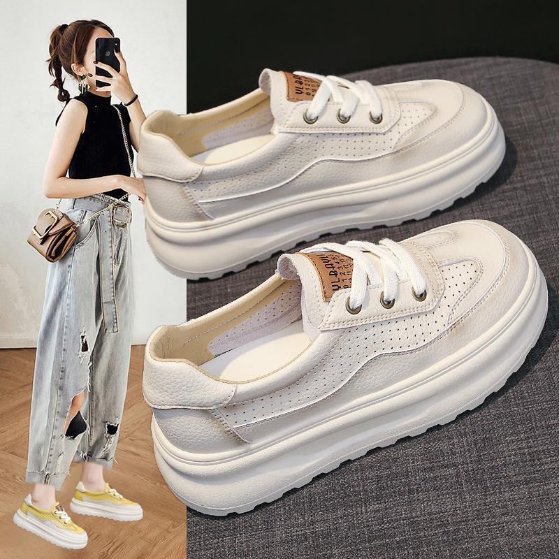 Women's Summer New Thick Bottom Board Shoes Breathable Leather Surface Anti-slip Heightening Casual Outdoor Ladies White Sneaker