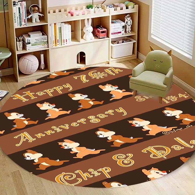 Cute Chip 'n' Dale print round floor mat, home rug decoration, cartoon welcome doormat, non-slip and stain-resistant.