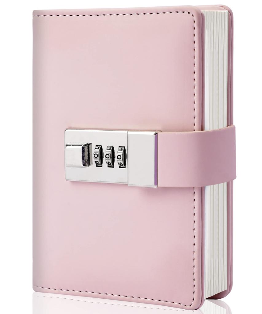 CAGIE Lockable Notebook, Stylish Journal, Horizontal Ruled, PU Leather, Gift Box Included, Password Notebook, A7 Size, Lockable Diary, Cute Pink