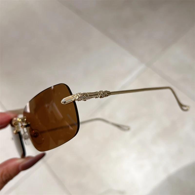 Прямоугольные солнцезащитные очки без оправы для мужчин и женщин, модные новые винтажные очки, брендовые дизайнерские солнцезащитные очки с океаническими линзами