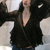 Spring Summer New Sweet Long Sleeve Ruffles Women's Loose Folds Korean All-match Polka Dot Chiffon Shirt