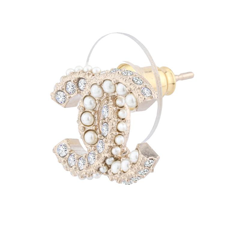 Chanel Золотые серьги с кристаллами и жемчугом, двойной C, для женщин