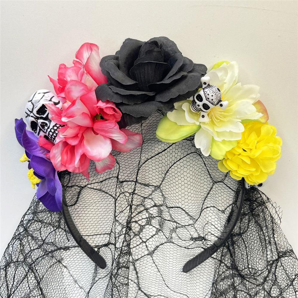 Повязка на голову в виде венка из цветов на День мертвых с черной вуалью, аксессуары для вечеринки для женщин