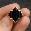 Hexagon Black Onyx Ring Yellow Gold Plated | Unique Engagement Ring | Bezel Set Black Gemstone | Vintage Bridal Anniversary Jewelry