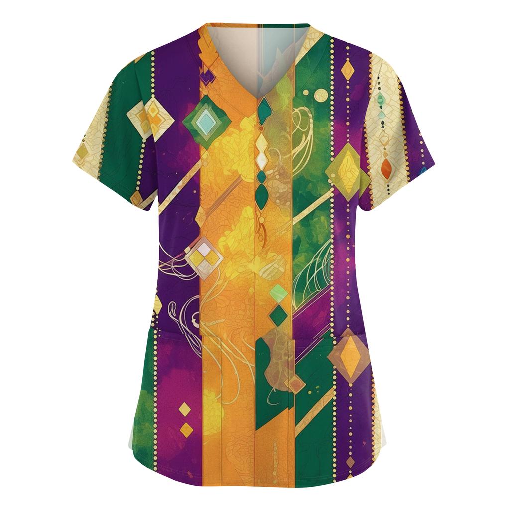 Женский модный рабочий топ с V-образным вырезом, принтом, короткими рукавами, карманом, боковым разрезом, базовый пуловер