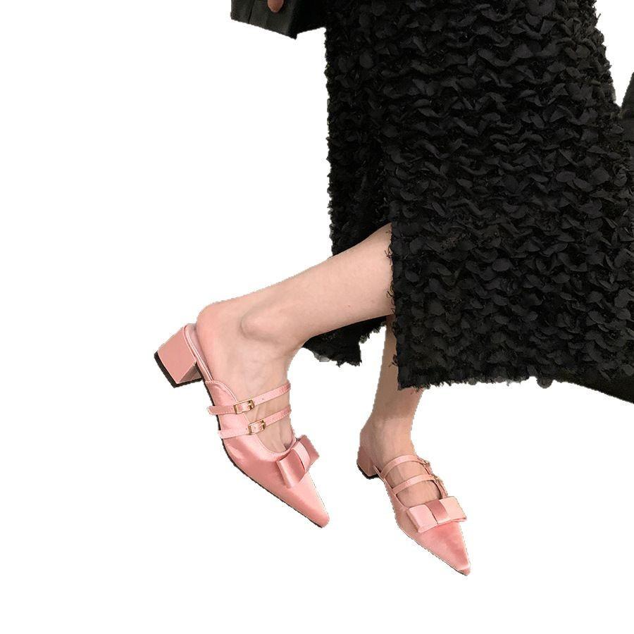 Туфли-полусапожки на грубом каблуке с французским бантом, женская обувь, носить 2025, новые летние остроносые сандалии Мэри Джейн