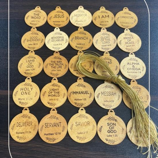 Yousheng 25Pcs Names of Jesus Ornaments Wooden Christmas Tree Decoration Name of Jesus Advent Hanging Sign for Tree Window Door Car Church Decor