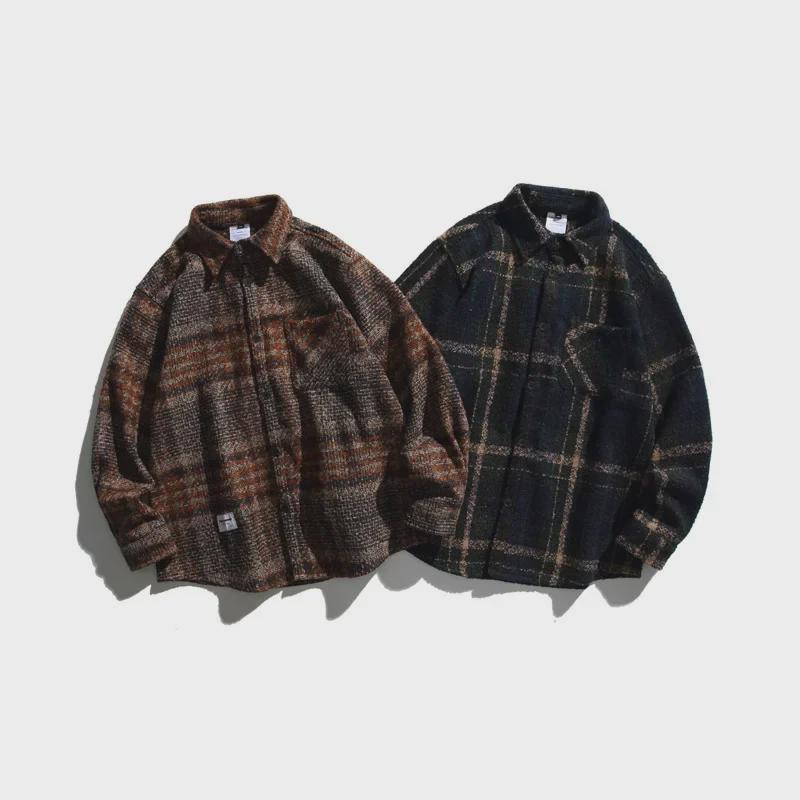 Рубашка унисекс в клетку с длинным рукавом и отворотом в стиле ретро — повседневный свободный крой для весны и осени