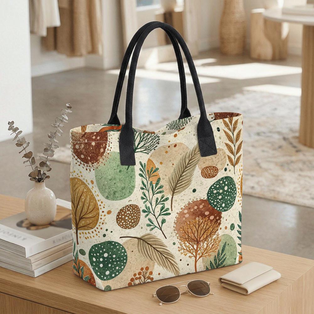 Boho Botanical Print Tote Bag Casual Large Capacity Shoulder Handbag for Daily Use