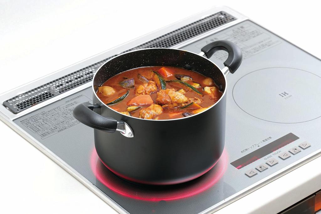 Kakusei Deep Pot, 22cm, 34.5cm x 22.7cm x 21cm, Marble Black, Induction and Gas Stove Compatible, Glass Lid, Non-Stick, GMB-05
