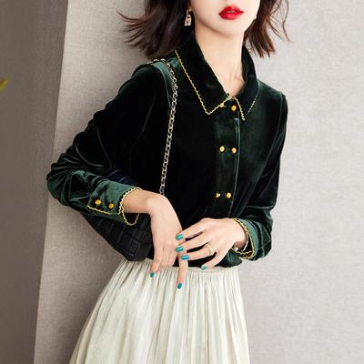 Брендовая оригинальная женская двубортная блузка из золотого бархата с воротником Питер Пэн, коллекция осень 2025.