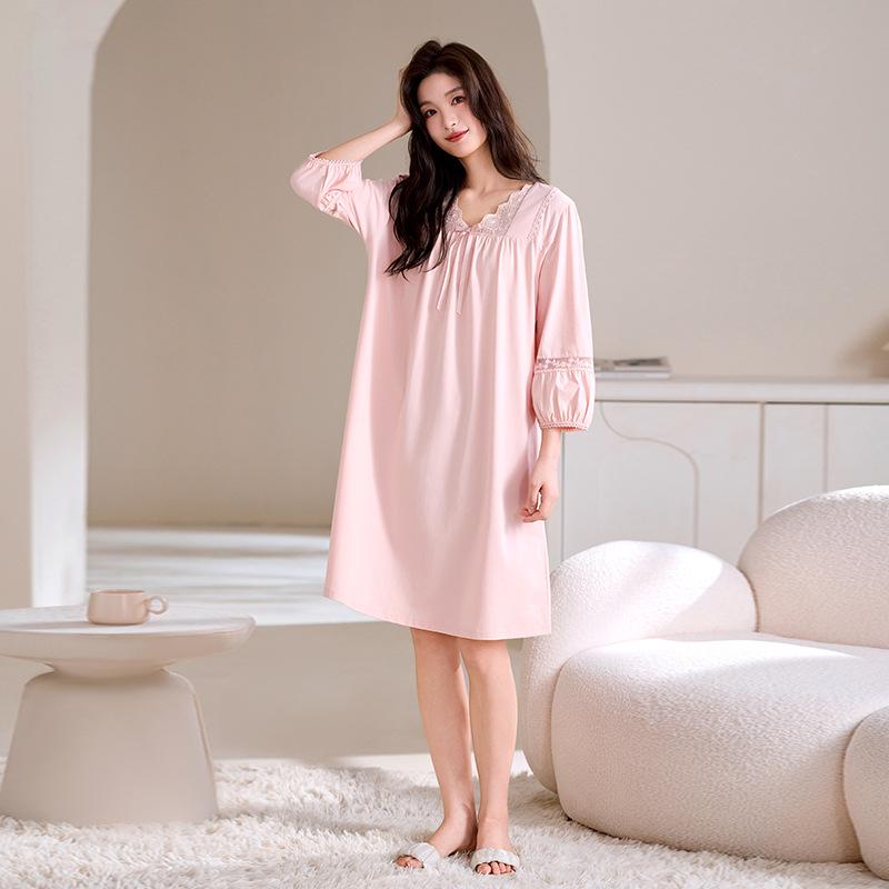Женская легкая модальная хлопковая ночная сорочка средней длины, больших размеров, для весны и осени.