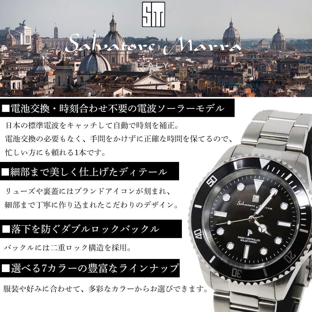 Salvatore Marra 10 ATM Water Stainless Steel Black Metal Japanese Salvatore Marra Popular Brand SM22110 Includes Watch Cloth Men's Solar-Powered