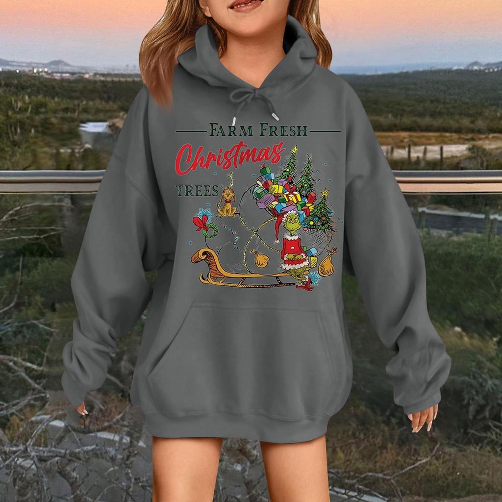 Детская модная повседневная толстовка с капюшоном свободного кроя с длинными рукавами и рождественским принтом