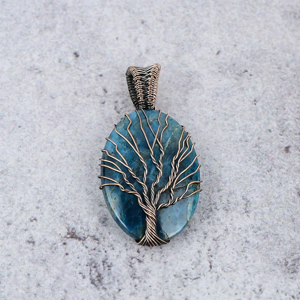 Tree Of Life Neon Blue Apatite Gemstone Pendant 999 Copper Wire Wrapped Jewelry, Handmade Antique Pendant Jewelry, Gift For Mother