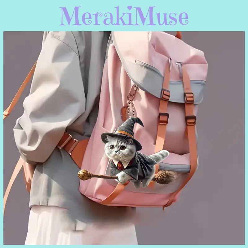 Minimalist Acrylic Flat Surface Car Charm With Magical Cat Riding Broom Design For Auto Interior Decoration