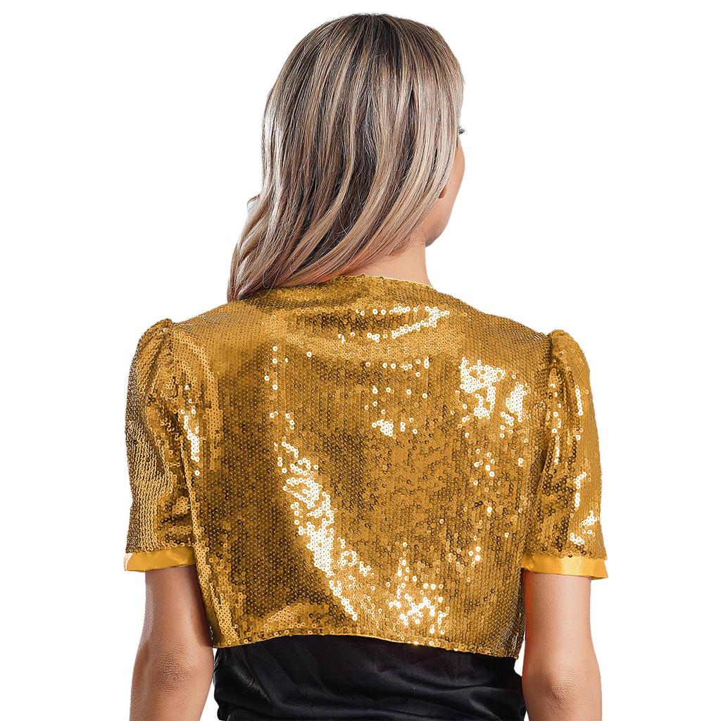 Womens Glitter Sequin Crop Jacket Short Sleeve Open Front Shiny Clubwear Party Outerwear Evening Cover Up