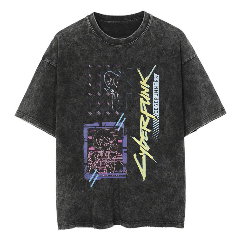 Игра Киберпанк ЛЮСИ Футболка Хлопок Вываренная Винтажная Футболка Оверсайз Харадзюку Уличный Повседневный Свободный Футболки с Коротким Рукавом