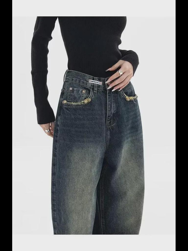 Женские узкие прямые джинсы с высокой талией и широкими штанинами в стиле ретро - Коллекция Весна/Лето