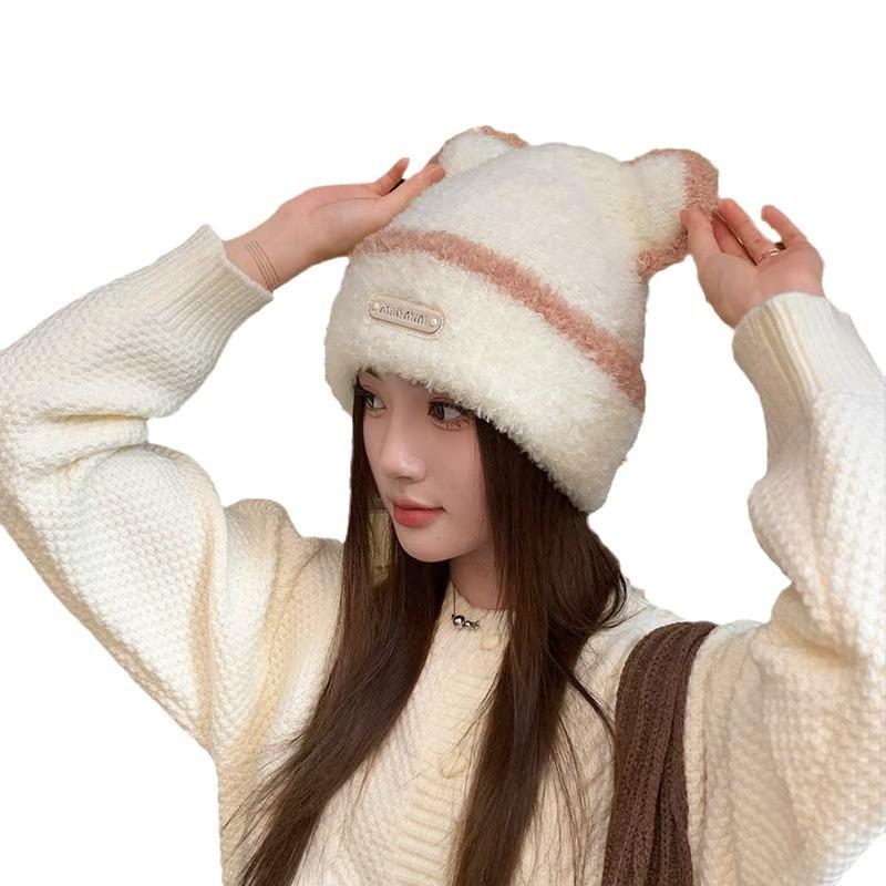 Hat Women's Autumn and Winter Sweet and Cute Ear Wool Hat Outdoor Warmth Thick Ear Protection Face Small Pullover Hat Trendy