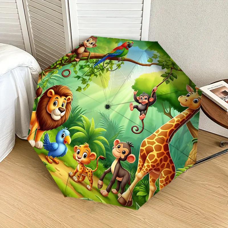 Jungle Animal Friends Automatic Opening Folding Umbrella with 8-Bone Iron Frame - Perfect for Fans, Travelers, Daily Use, and Festive Gifts!