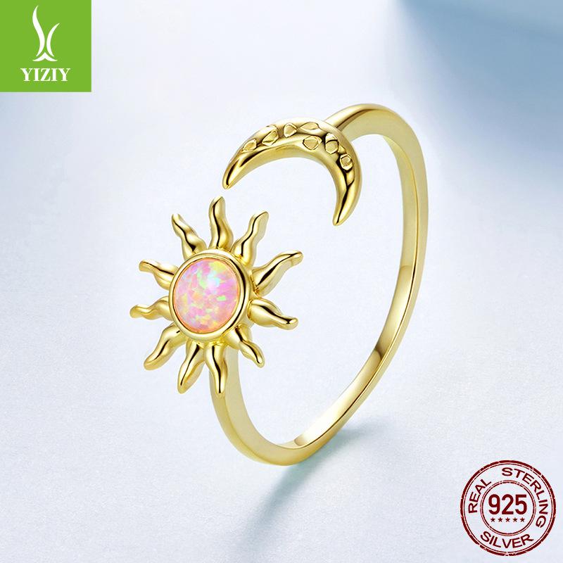 Opal Sun Moon Open Ring S925 Sterling Silver Gold Plated Sun Moon Ring Jewelry