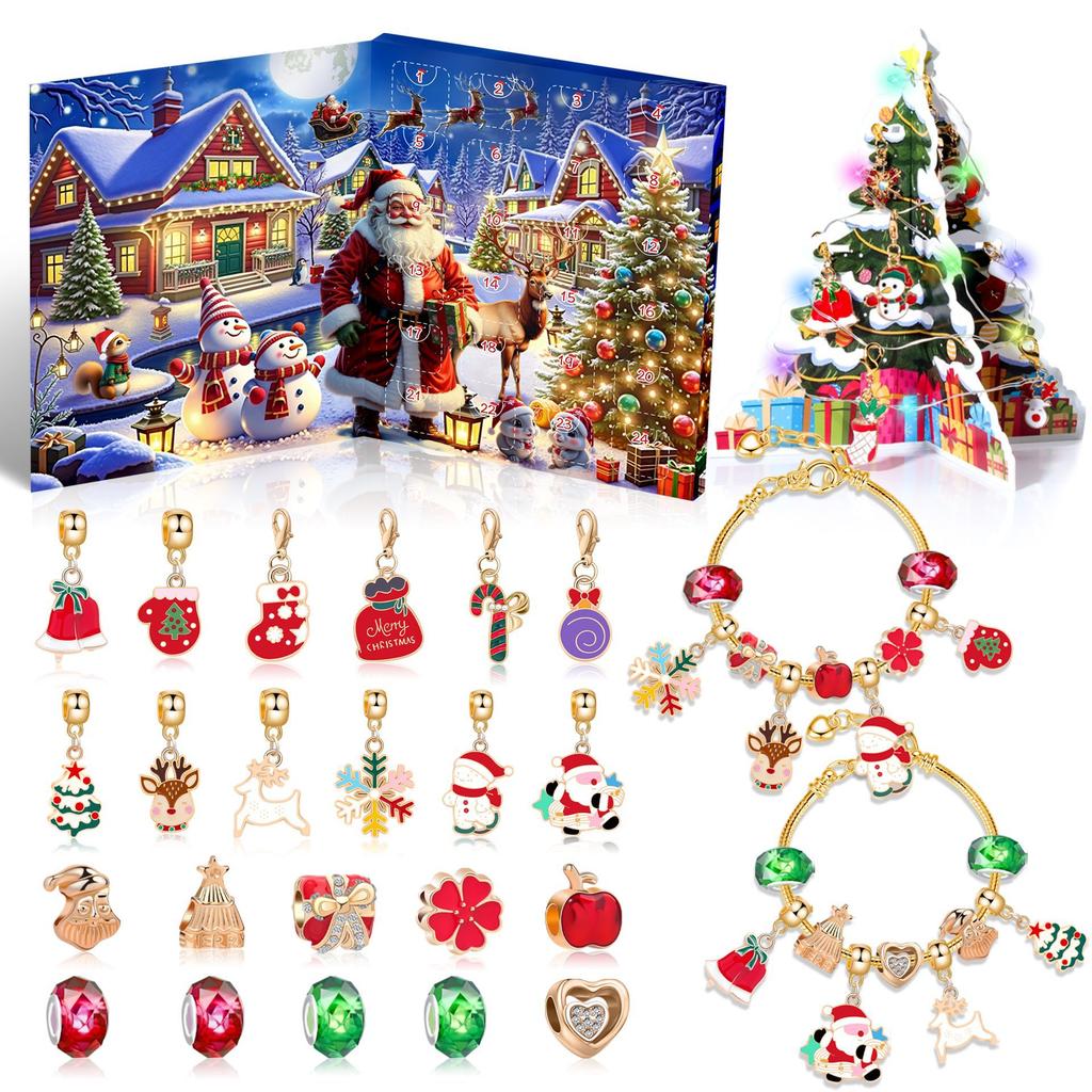 Christmas Advent Calendar Jewelry Gift Box String DIY Snowflake Santa Claus Bracelet 24 Day Countdown Calendar Box for Girls