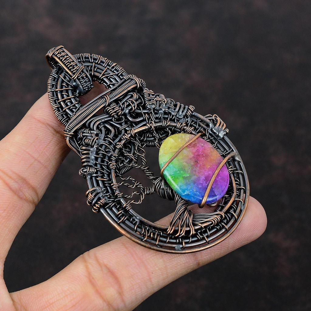 Древо жизни Радуга Солнечный кварц Друзы Подвеска Медная проволока Обернутая ювелирные изделия Настоящий драгоценный камень Подвеска ручной работы из медной проволоки Подвеска Подарок для жены