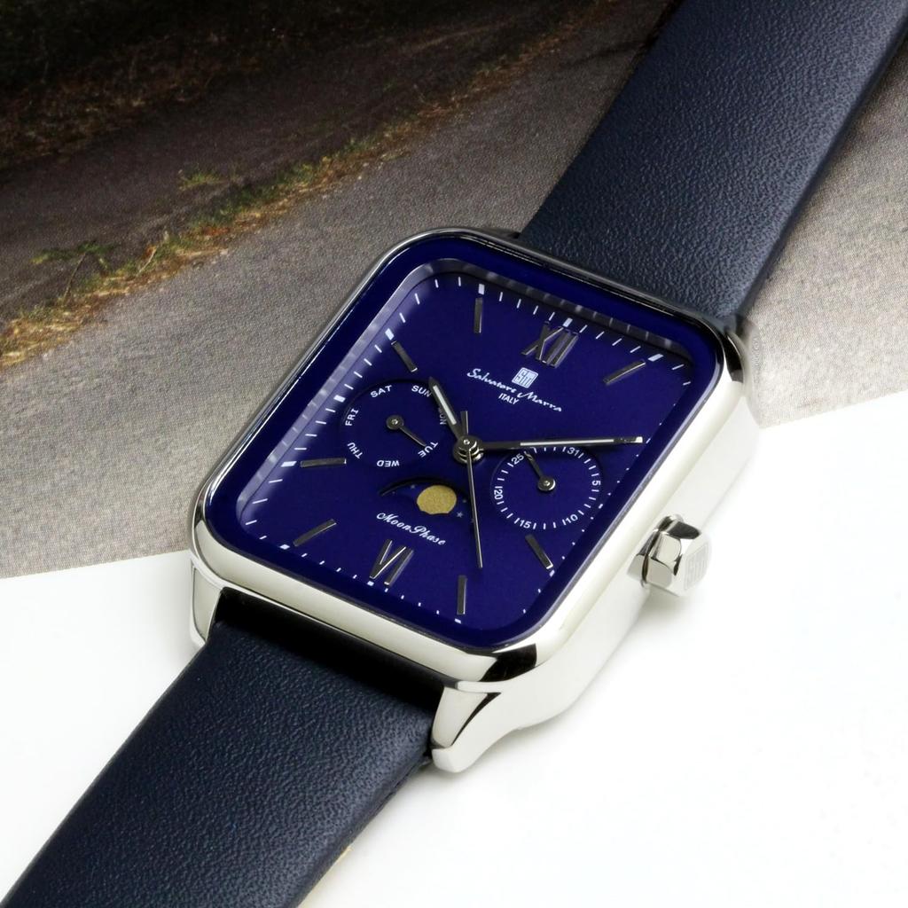 Ремень кожаный с квадратным календарем и фазами Луны, водонепроницаемый, деловой, серебристо-синий, для мужчин, ограниченная модель [Salvatore Mara] SM24112-SSBLLE