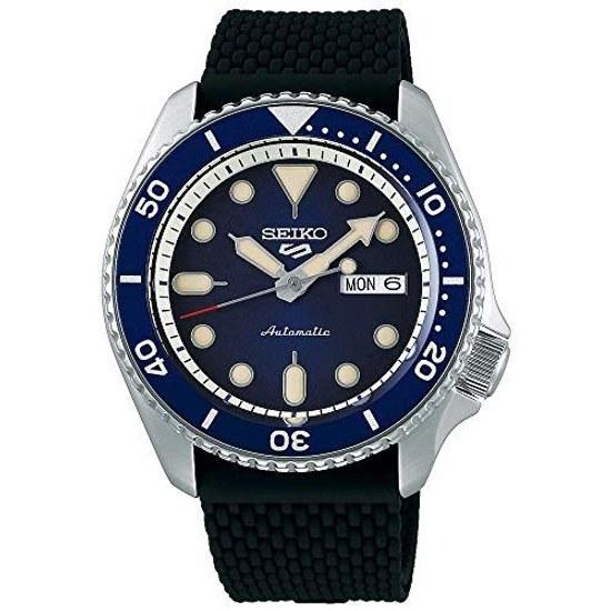 SEIKO SRPD93 наручные часы мужские - 5 Sports автоматический механизм синий циферблат с лучами безель корпус из нержавеющей стали черный силиконовый ремешок индикация дня недели и даты.