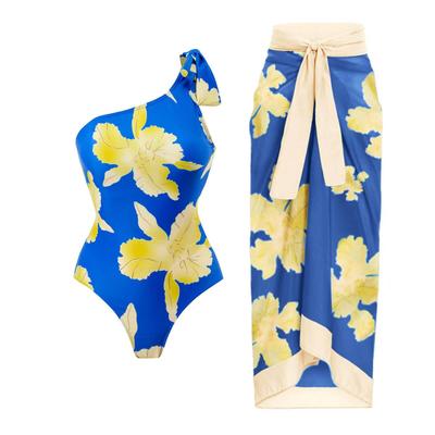 Новый сексуальный цельный купальник с принтом, женский ретро-купальник на одно плечо, шифоновая пляжная юбка, купальник, комплект