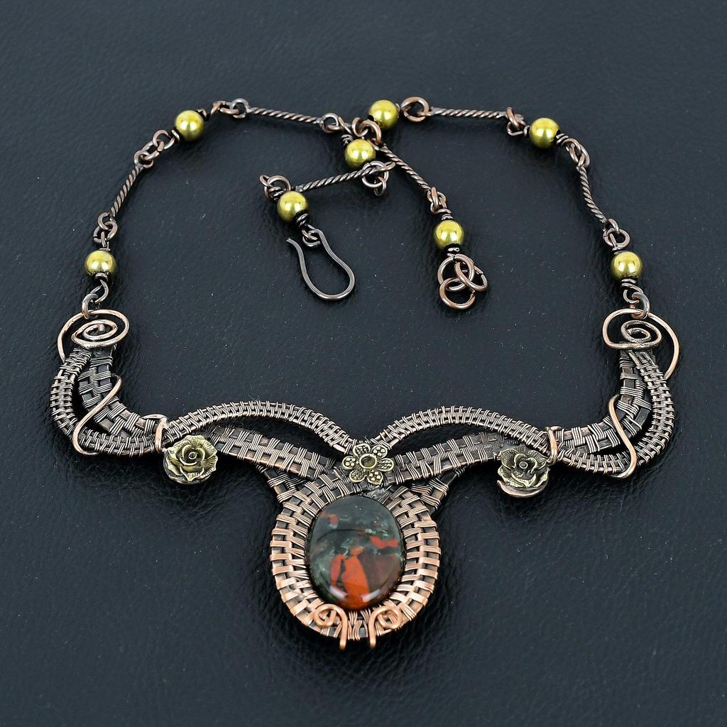 Bloodstone Necklace, 999 Copper Wire Wrapped Jewelry, Gemstone Jewelry Adjustable Chain Necklace, Handmade Wedding Gift Jewelry