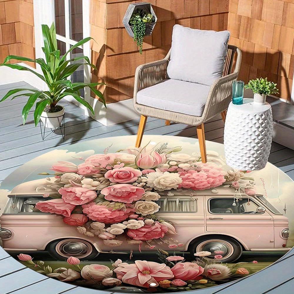 1 Piece Retro Flower Car Outdoor Round Carpet Floor Mat Doorway Decorative Carpet Outdoor Patio Camping Carpet Living Room Bathroom Bedroom Decorative