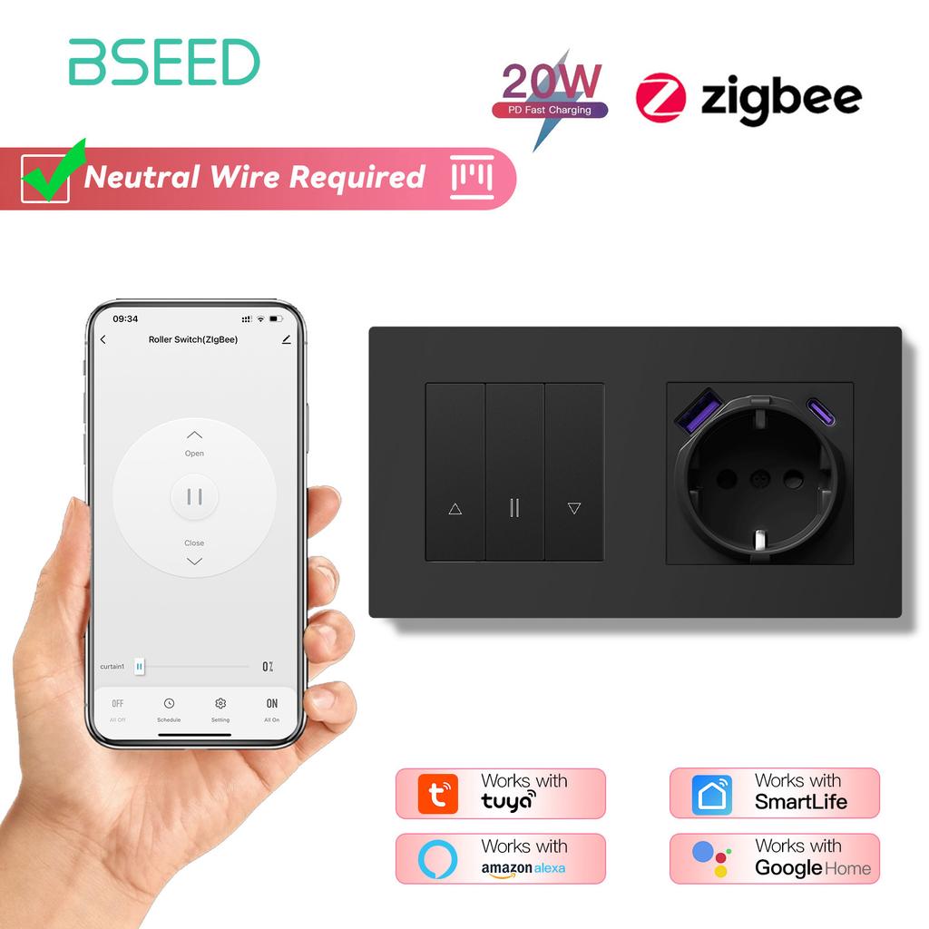 BSEED Zigbee Shutter Switch With Wall Sockets Wall Smart Click Switches Yellow Backlight Plastic Frame Tuya APP Roller Switch EU