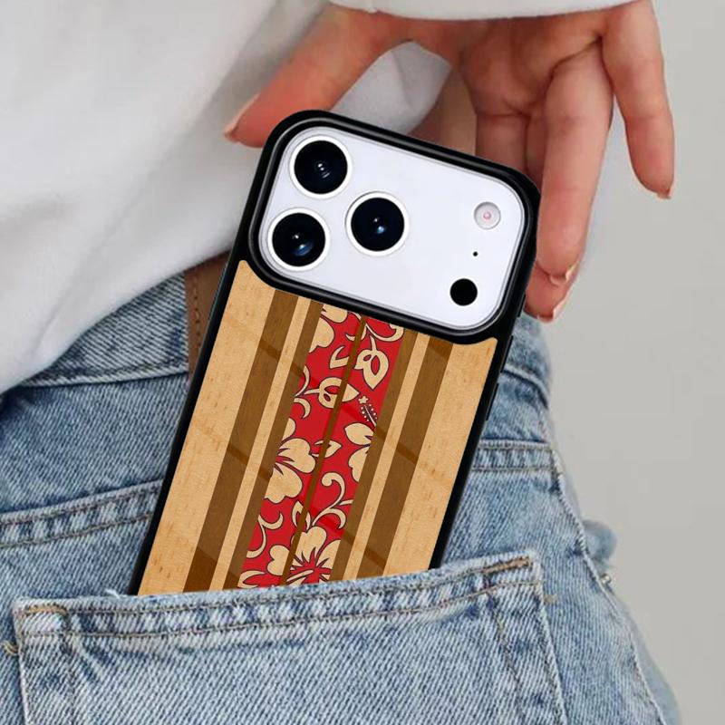 Hawaiian Faux Wood Surfboard Phone Case for iPhone 16e 15 14 13 12 17 Pro Max Plus Air 17pro Cover Coque