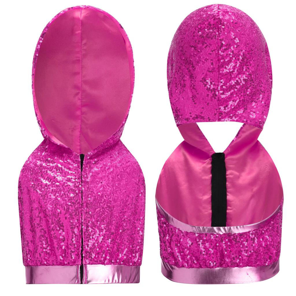Sleeveless Backless Hooded Crop Top for Girls: Front Zipper Sparkling Sequins Dancewear for Hip-Hop Jazz Performance