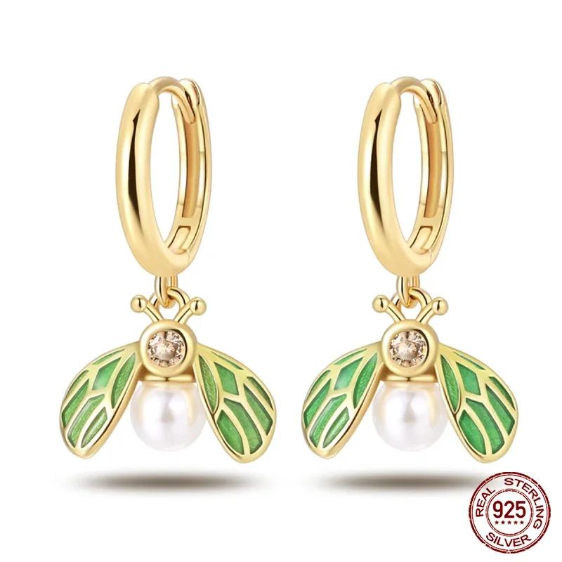 925 Silver Gold Star Moon Bee Pendant Golden Earrings for Women Sparkling Zircon Luxury Wedding Engagement Jewelry Gift